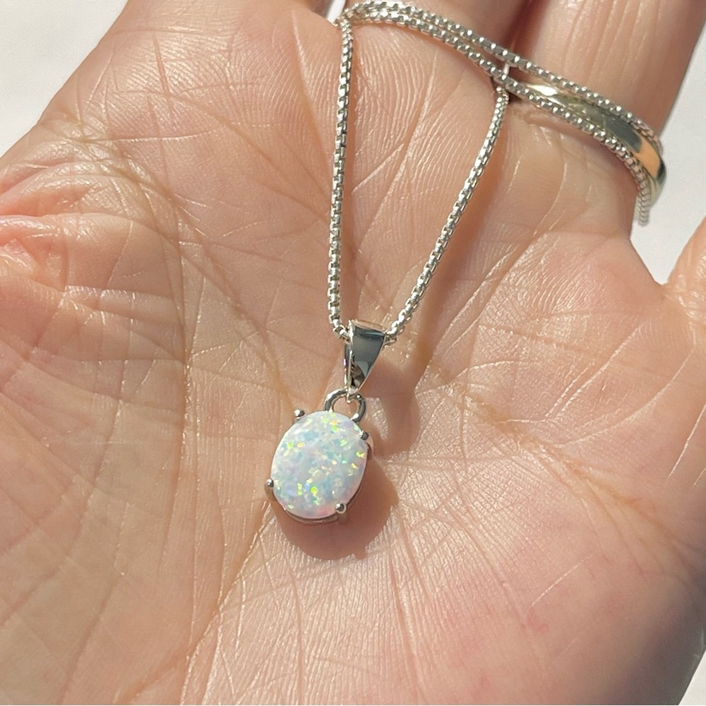 Sterling Silver Minimalist White Lab Opal Necklace, October Birthstone Chains